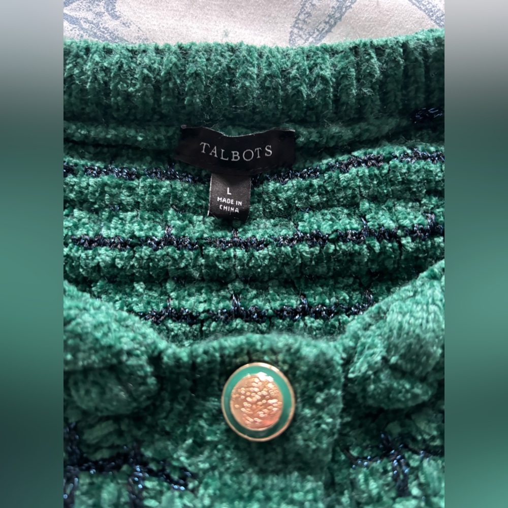 Talbots Chenille Cardigan Sweater Green Blue Metallic Thread Gold-Tone Buttons L - Picture 4 of 9
